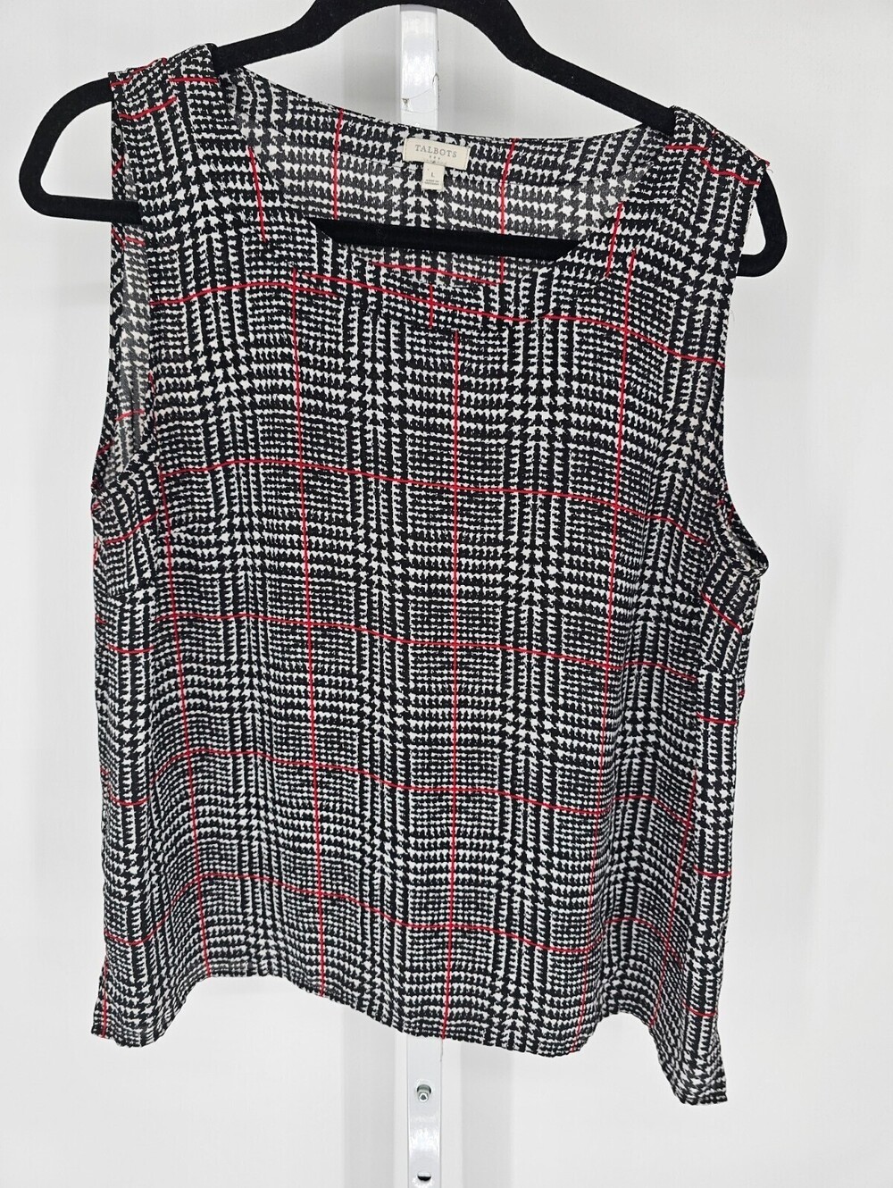 Talbots Womens Sz L Sleeveless Blouse Houndstooth Black White Red
